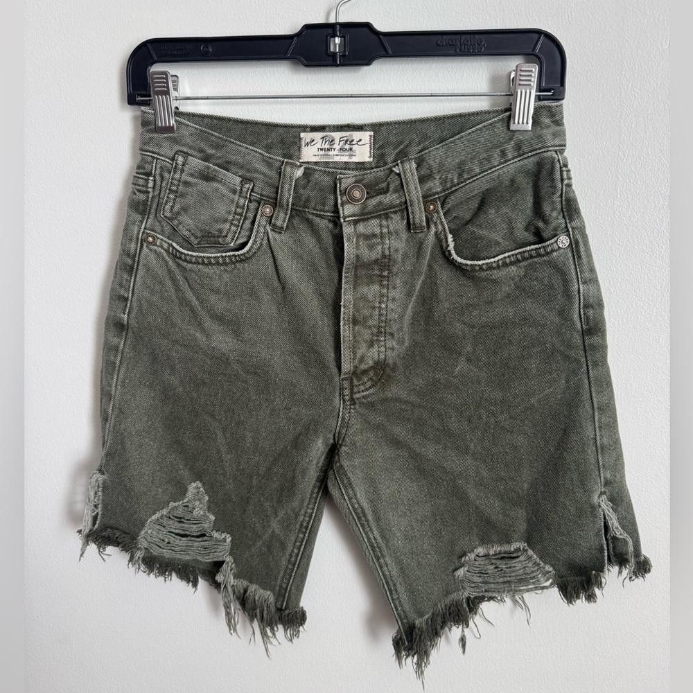 We The Free by Free People Olive Green Distressed Denim Shorts 24